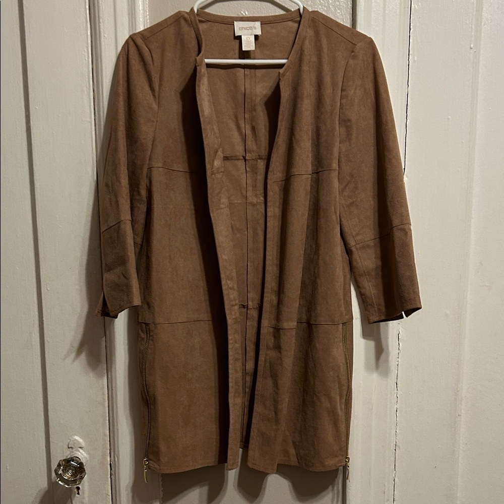 Chico's Brown Collarless Suede Long Jacket